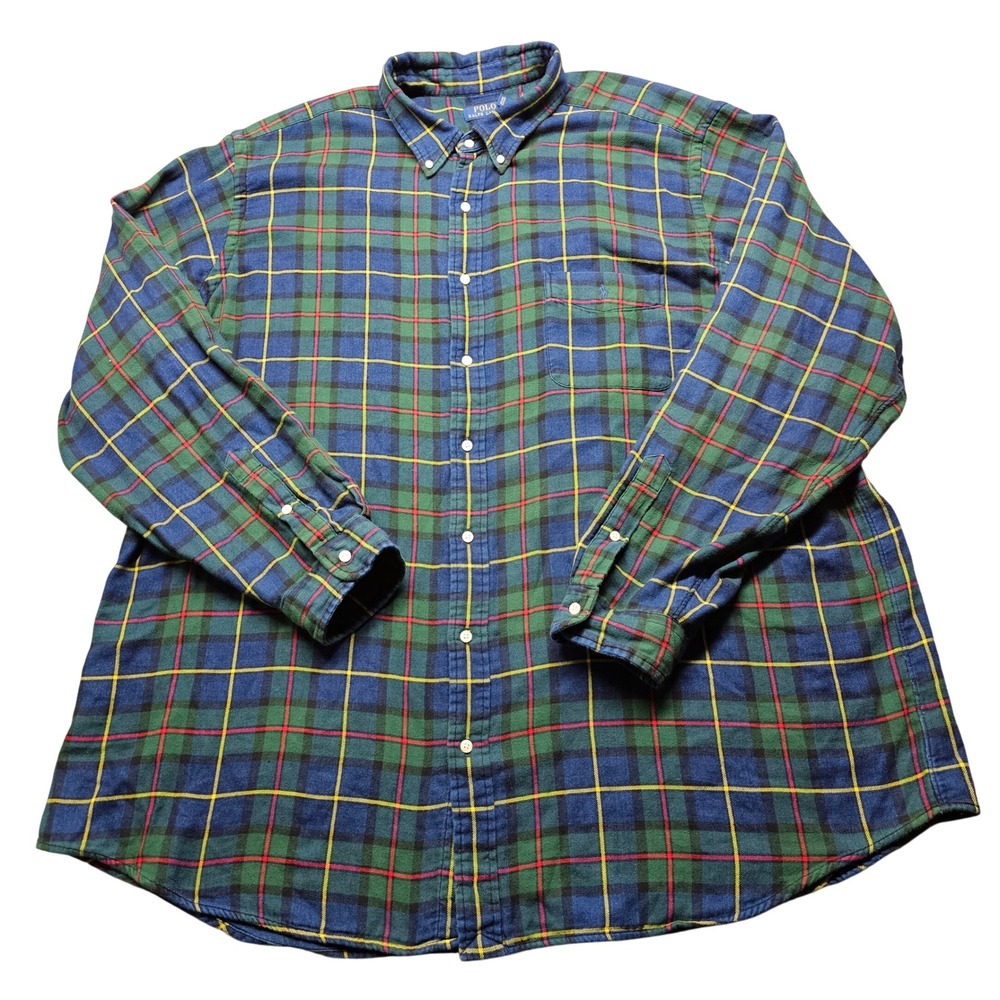Polo Ralph Lauren Flannel Shirt Mens 3XLT Green Blue Yellow Red Plaid Big & Tall